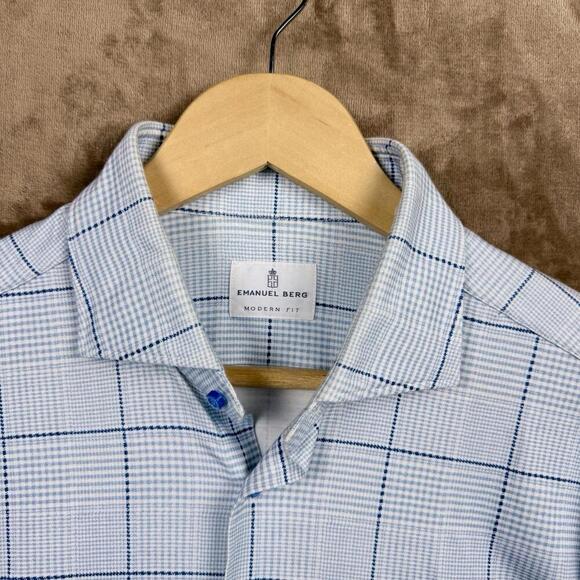 Emanuel Berg Modern Fit Checkered Dress Shirt Men M/L Blue White Stretch Soft - Picture 4 of 13